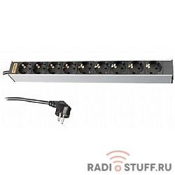 Блок розеток 19", горизонтальный, 9 розеток Schuko, 16A, шнур 2.5м, Hyperline